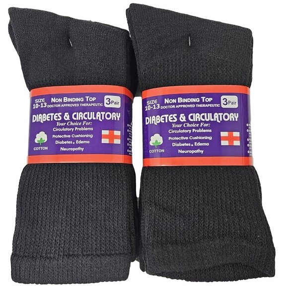 Diabetic Socks Men Women Cotton Non Binding Top Cushion Crew Socks, Black 6-Pack - Picture 1 of 3